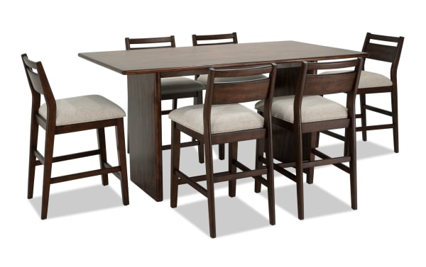 Mango 7 Piece Brown & Beige Solid Wood Counter Height Dining Set with 72" mid-century modern table and six beige polyester-upholstered Bob-O-Pedic stools.