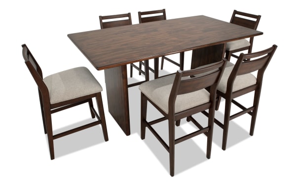 Mango 7 Piece Brown & Beige Solid Mango Wood Counter Height Dining Set with six beige polyester-upholstered Bob-O-Pedic panel back stools, mid-century modern style