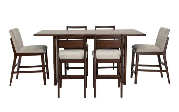 Mango 7 Piece Mid-Century Modern dining set with 72" solid mango wood counter height table, beige polyester upholstered seats, and panel back stools.