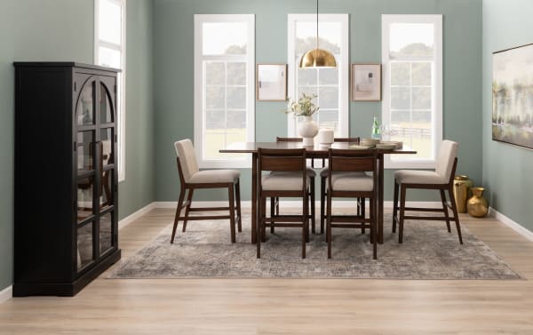 Mango 7 Piece Mid-Century Modern dining set with 72" solid mango wood counter height table, beige polyester upholstered stools, and brown wood frame