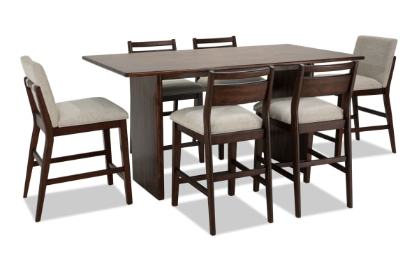 Mango 7 Piece Mid-Century Modern Dining Set with 72" solid mango wood counter height table, beige polyester upholstered stools, and panel back design.