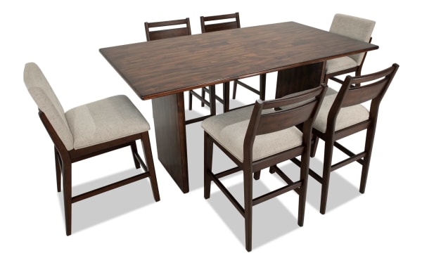 Mango 7 Piece Mid-Century Modern Dining Set with 72" solid mango wood counter height table, 4 brown panel back stools, 2 beige polyester upholstered stools.
