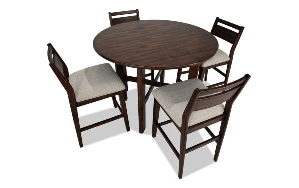 Mango 5 Piece Brown & Beige Solid Mango Wood Counter Height Round Dining Set with four beige polyester-upholstered Bob-O-Pedic panel back stools, mid-century modern style.