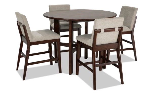 Mango 5 Piece Brown & Beige Solid Wood Upholstered Counter Height Round Dining Set