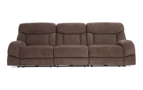 Everest Chocolate 116'' power reclining sofa in brown polyester fabric with plush cushions, power headrest, USB charging, and transitional style.