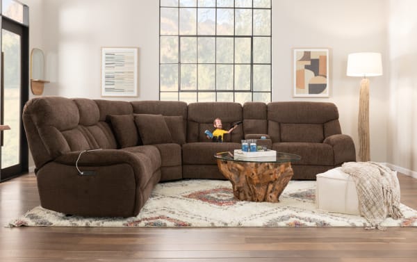 Everest Chocolate 116'' power reclining sectional sofa with armless chair, soft brown polyester fabric, transitional style, memory foam cushions, USB charging ports, and power headrest.