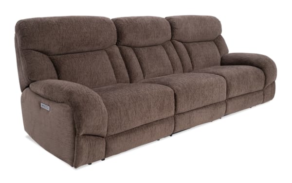 Everest Chocolate 116'' power reclining sofa in brown polyester fabric with plush cushions, power headrest, and USB charging ports.