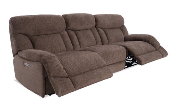 Everest Chocolate 116'' power reclining sofa in brown polyester fabric with dual power recline, power headrest, USB charging ports, and plush transitional style.