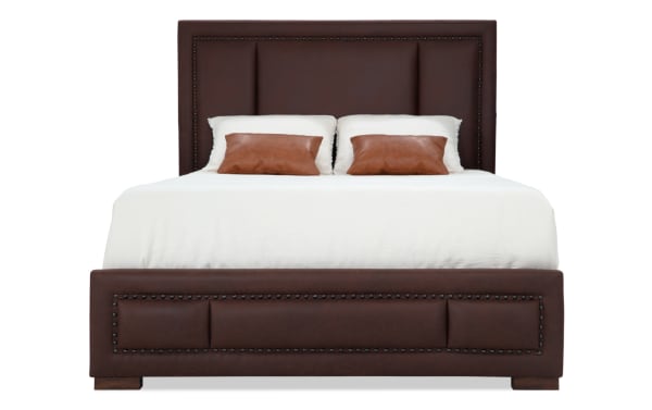 Tahoe Queen Brown Upholstered Panel Bed in rustic style with brown faux leather, solid pine frame, nailhead trim, and built-in USB/USB-C ports.
