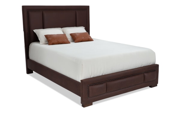 Tahoe Queen Brown Upholstered Panel Bed with rustic faux leather upholstery, solid pine frame, nailhead trim, and built-in USB/USB-C ports.