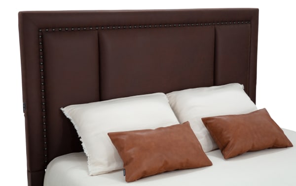 Brown Tahoe Queen Upholstered Panel Bed with rustic solid pine frame, brown faux leather upholstery, nailhead trim, and built-in USB/USB-C ports.