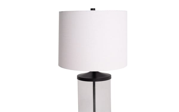Willow Clear Glass Table Lamp with white fabric shade, clear glass base, black metal accents, and built-in USB/USB-C charging port.