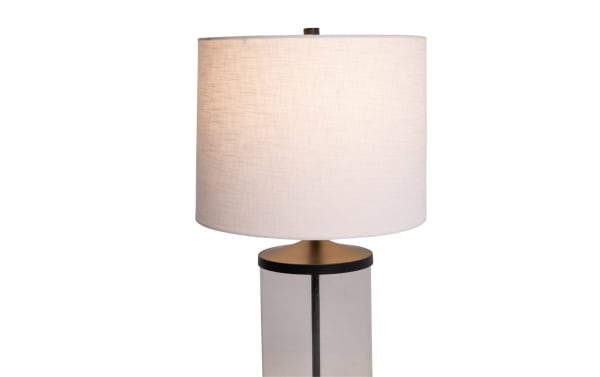 Willow Clear Glass Table Lamp with white fabric drum shade, clear glass base, metal accents, and built-in USB/USB-C charging port.