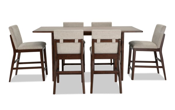 Mango 7-piece mid-century modern dining set with 72" solid mango wood table and six beige polyester upholstered counter height stools.