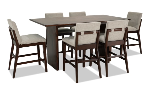 Mango 7 Piece Mid-Century Modern Dining Set with 72" solid mango wood counter height table and six beige polyester upholstered Bob-O-Pedic stools.
