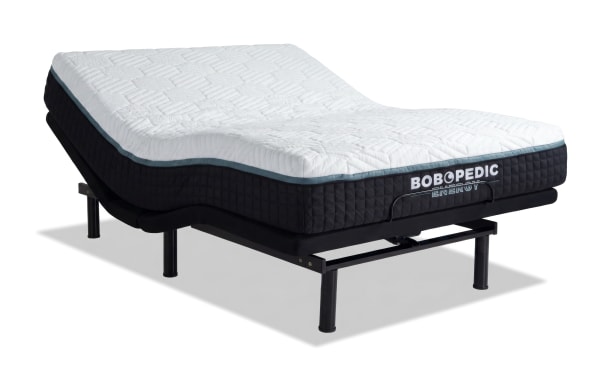 Power Bob Ultra Base with Energy 14'' Queen Firm Mattress featuring a black and white gel-grid memory foam design on an adjustable black metal base, offering customizable firm support and temperature control from the Bob-O-Pedic Energy collection.