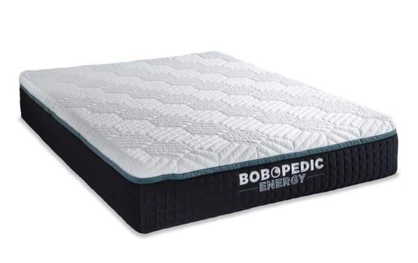 Power Bob Ultra Base with Energy 14'' Queen Firm Mattress by Bob-O-Pedic Energy, featuring white quilted top, black sides, gel-grid layer, memory foam with charcoal for cooling, and firm support.