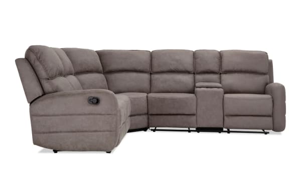 Phoenix Gray 91'' 3 Piece Manual Reclining Sectional in gray polyester fabric, transitional style with plush cushions, manual recline, and built-in cup holders.