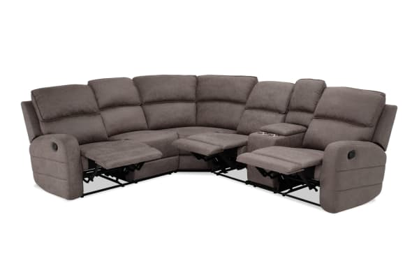 Gray Phoenix 91'' 3-piece manual reclining sectional with plush polyester fabric upholstery, cup holders, and transitional style design.