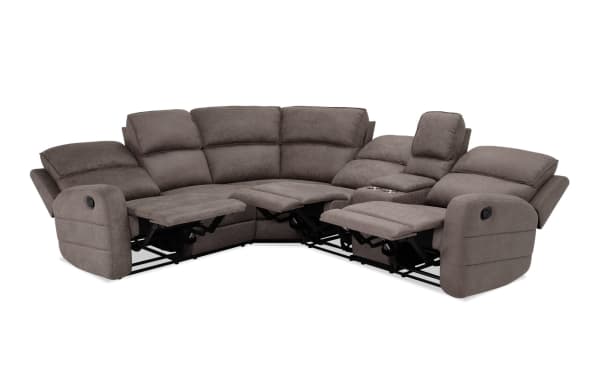 Phoenix Gray 91'' 3 Piece Manual Reclining Sectional in gray plush polyester fabric with transitional style, manual recline, and built-in cup holders.