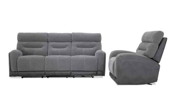 Gray Phantom Gray 86'' power reclining sofa and recliner set with plush polyester fabric, transitional style, USB and USB-C charging ports, and memory foam cushions.