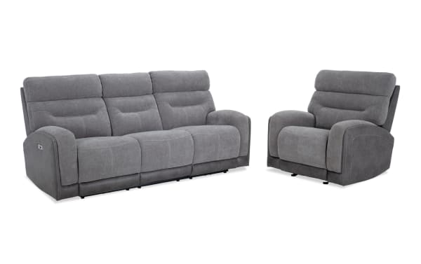 Phantom Gray 86'' power reclining sofa and recliner set in plush gray polyester fabric, transitional style with built-in USB and USB-C ports.