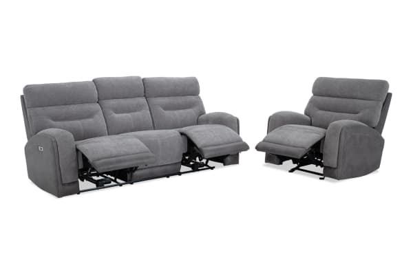 Phantom Gray 86'' power reclining sofa and recliner set in plush gray polyester fabric, transitional style with USB and USB-C ports, featuring memory foam cushions.