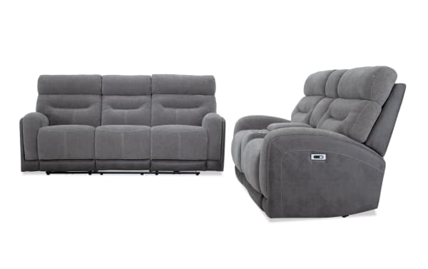Phantom Gray 86" power reclining sofa and 76" console loveseat in plush gray polyester fabric, transitional style, with built-in USB and USB-C ports.