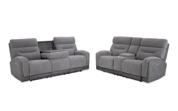 Phantom Gray 86" power reclining sofa and 76" console loveseat set in plush gray polyester fabric, transitional style with USB and USB-C ports, memory foam cushions.