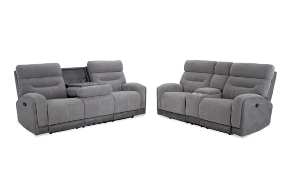Phantom Gray 86" manual reclining sofa and 76" console loveseat set in gray polyester fabric, transitional style with plush cushions and memory foam seating.