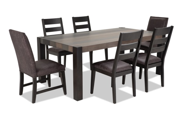 Canyon 7 Piece Gray Faux Leather Upholstered Dining Set with rustic multi-tone MDF wood table and gray faux leather chairs featuring memory foam cushions.