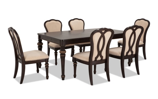 Regency 7 Piece Brown & Beige Upholstered Extendable Dining Set with traditional fluted legs, oak veneer table, and six beige polyester fabric chairs with nailhead trim.