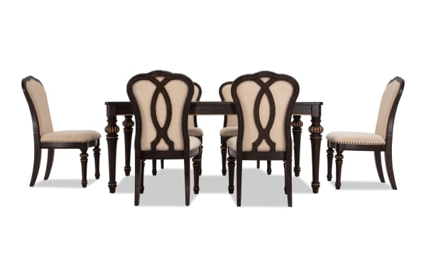 Regency 7 Piece Brown & Beige Upholstered Extendable Dining Set with traditional fluted legs, beige polyester fabric chairs, and oak veneer table.