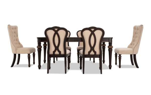 Regency 7 Piece Brown & Beige Upholstered Extendable Dining Set with traditional fluted legs, beige polyester fabric chairs, and oak veneer table.