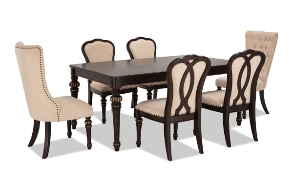 Regency 7 Piece Brown & Beige Upholstered Extendable Dining Set with traditional fluted legs, beige polyester fabric chairs, oak veneer table, and nailhead trim.