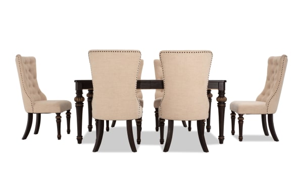 Regency 7 Piece Brown & Beige Upholstered Extendable Dining Set with six beige polyester fabric chairs, fluted hardwood legs, and traditional oak veneer table.