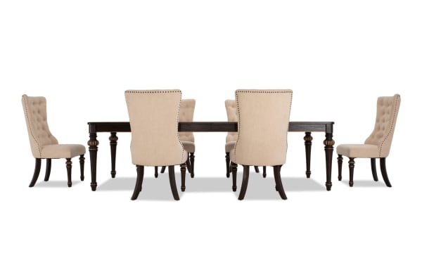 Regency 7 Piece Brown & Beige Upholstered Extendable Dining Set with traditional fluted legs, beige polyester fabric chairs, and oak veneer table.