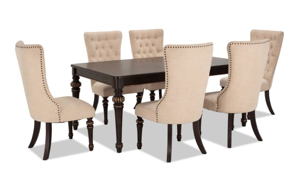 Regency 7 Piece Brown & Beige Upholstered Extendable Dining Set with traditional fluted legs, beige polyester fabric chairs, and nailhead trim.