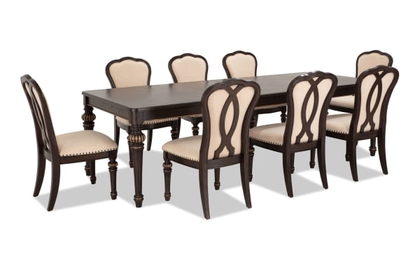 Regency 9 Piece Brown & Beige Upholstered Extendable Dining Set with traditional style, beige polyester fabric chairs, fluted hardwood legs, and oak veneer table.