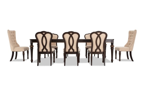 Regency 9 Piece Brown & Beige Upholstered Extendable Dining Set with traditional style, beige polyester fabric chairs, fluted hardwood legs, and oak veneer table.