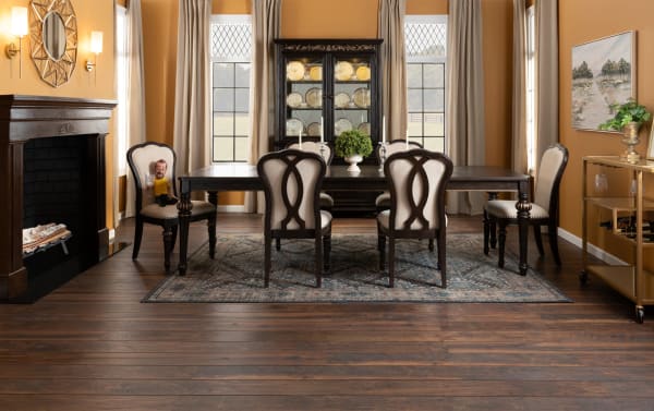 Traditional Regency 9 Piece Brown & Beige Upholstered Extendable Dining Set with fluted legs, oak veneers, and cushioned polyester fabric chairs.