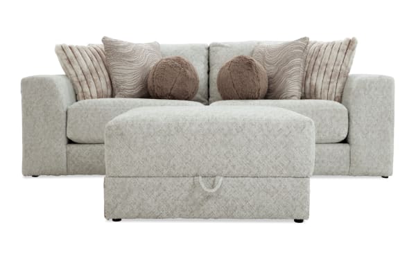 Posh Beige 100'' 3-piece modular loveseat set with right and left arm facing chairs and ottoman, beige polyester fabric upholstery, transitional style, includes eight accent pillows and gel-infused memory foam cushions for plush comfort.