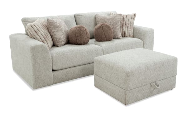 Posh Beige 100'' 3-piece modular loveseat with right and left arm chairs and ottoman, beige polyester fabric, transitional style, includes 8 plush accent pillows.