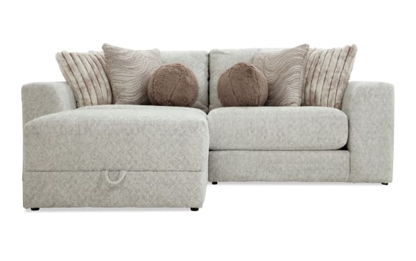 Beige Posh 100'' 3-piece transitional modular loveseat with plush polyester fabric, 8 accent pillows, and matching ottoman for living room comfort.