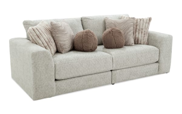 Posh Beige 100'' 2 Piece Modular Loveseat with left and right arm facing chairs, beige polyester fabric, transitional style, plush cushions, and eight accent pillows.