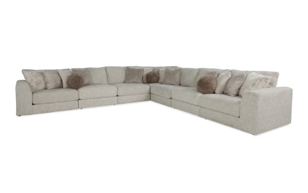 Posh Beige 172" 7-piece modular sectional sofa in beige polyester fabric with plush cushions, gel-infused memory foam, and 16 decorative pillows.