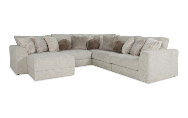 Posh Beige 134'' 6-piece modular sectional with plush polyester fabric, gel-infused memory foam, 14 accent pillows, storage ottoman, transitional style.