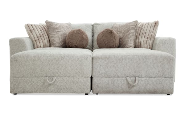 Posh Beige 100'' 4 Piece Modular Loveseat with 2 ottomans, left and right arm chairs, transitional style, plush beige polyester fabric, eight accent pillows.