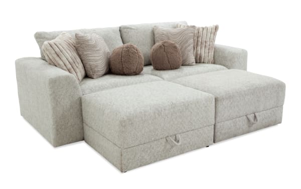 Posh Beige 100'' 4 Piece Modular Loveseat with 2 ottomans, beige polyester fabric upholstery, transitional style, includes 8 accent pillows and gel memory foam cushions.