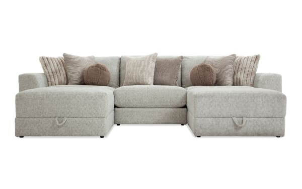 Posh Beige 139'' 5 Piece Modular Sofa with 2 ottomans, 1 armless chair, 1 left and 1 right arm facing chair. Transitional style, beige polyester fabric upholstery with plush cushions and nine accent pillows.